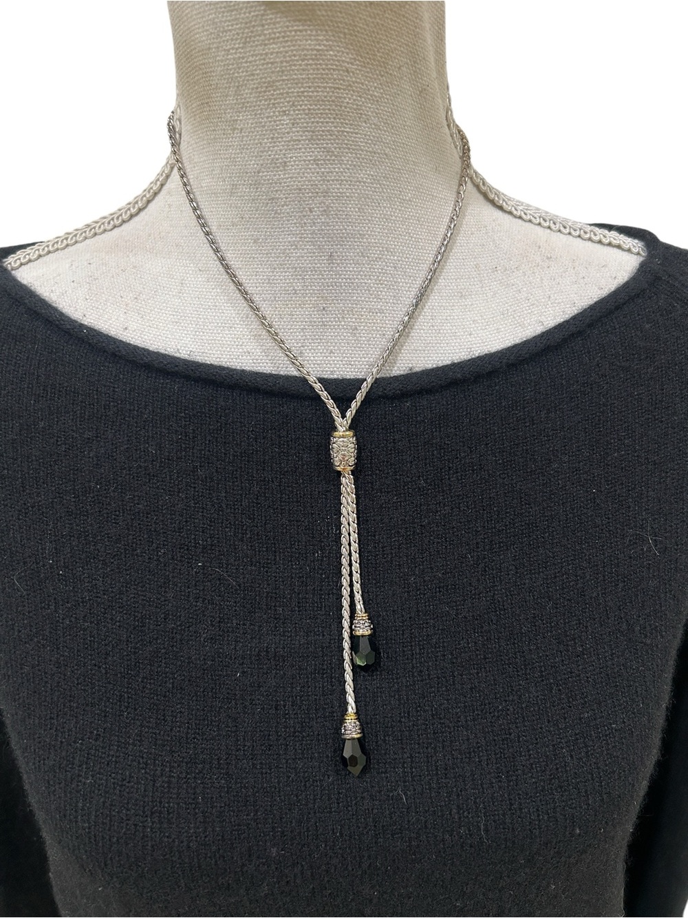 Vintage Silver Lariat Necklace with Black Faceted Drops
